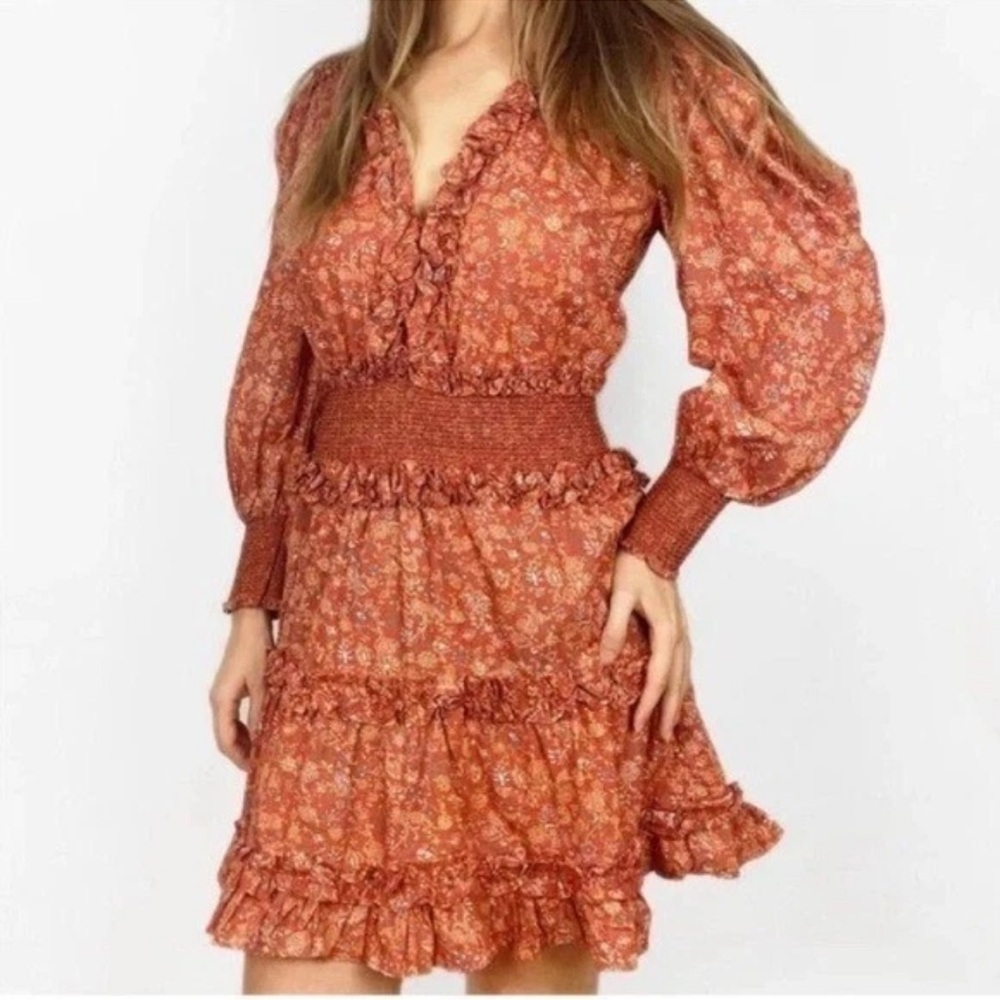 House of Harlow 1960 long sleeve puffed sleeve dress v-neck rust size XS